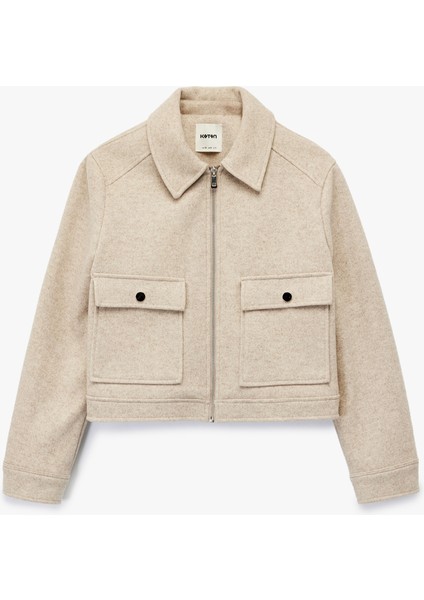 Cepli Uzun Kollu Fermuarlı Crop Kaşe Mont