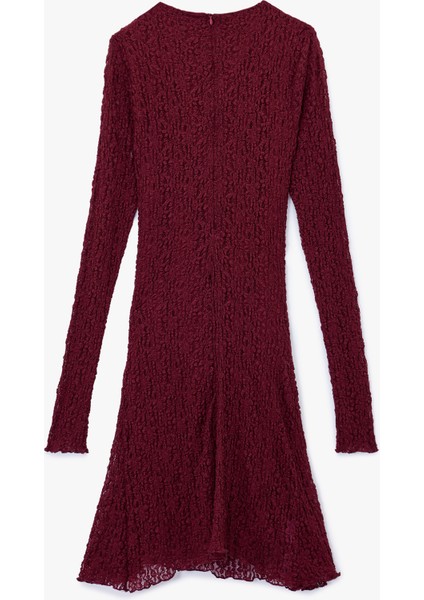 Drape Detaylı Asimetrik Uzun Kollu Bisiklet Yaka Mini Dantel Elbise fiyatları