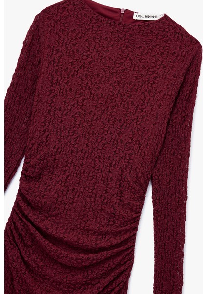 Drape Detaylı Asimetrik Uzun Kollu Bisiklet Yaka Mini Dantel Elbise modelleri