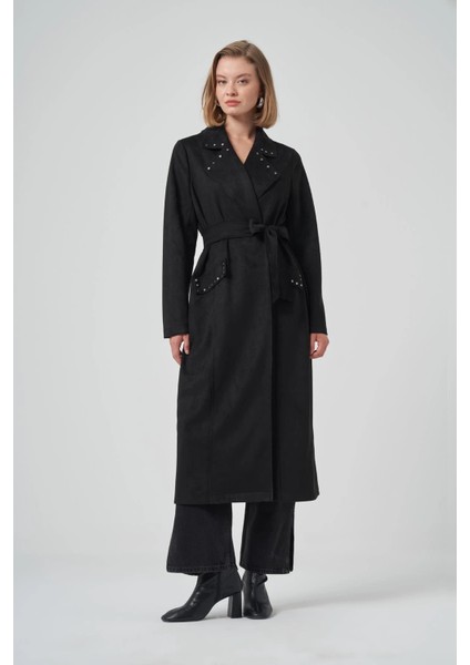 6029 Yaka Zımba Detay Süet Kap - Siyah