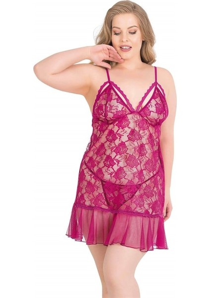 Arias Closet Büyük Beden Vişne Kısa Tül Gecelik