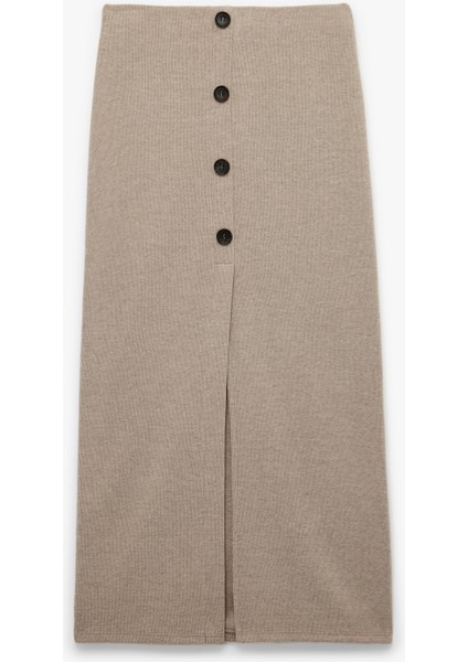 Slim Fit Düğmeli Yırtmaç Detaylı Midi Triko Kalem Etek