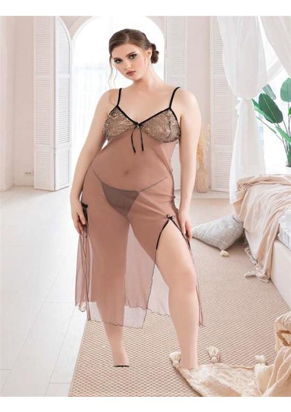 Arias Closet Büyük Beden Kahverengi Tül Fantezi Uzun Yırtmaçlı Gecelik