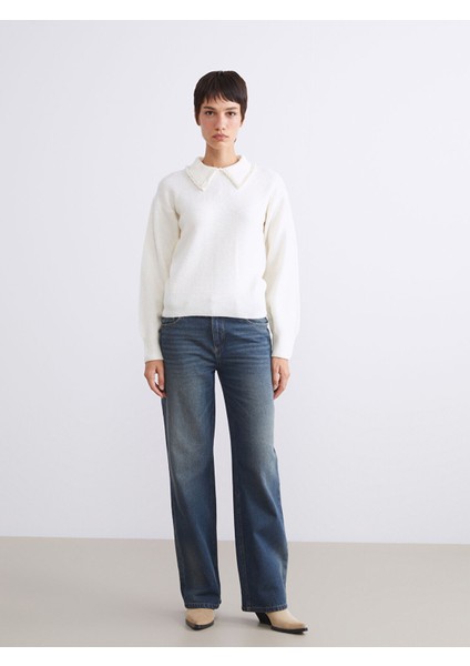 Yeni Sezon Polo Yaka Boncuk Işlemeli Kadın Triko Kazak fiyatları