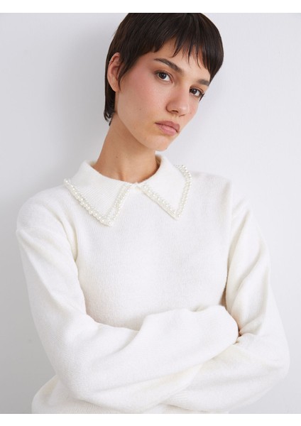 Yeni Sezon Polo Yaka Boncuk Işlemeli Kadın Triko Kazak modelleri