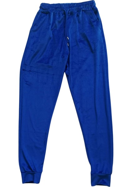 Parlak Kadife Cepli Pantolon Eşofman Pijama Altı Unisex Lastikli Paça Mavi