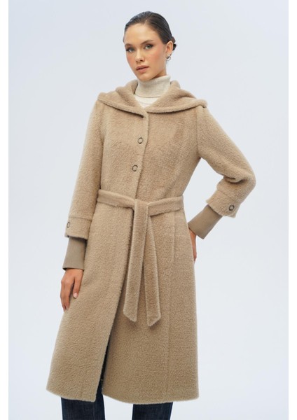 Kapüşonlu Ribana Detaylı Pelüş Kaban Vizon 3118