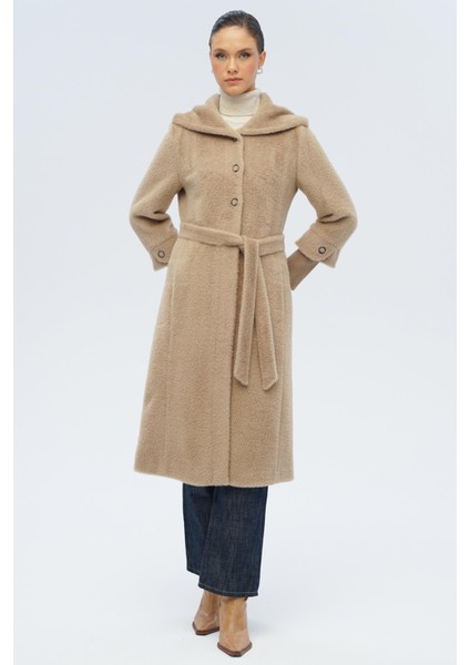 Kapüşonlu Ribana Detaylı Pelüş Kaban Vizon 3118 modelleri