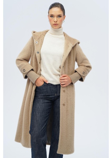 Kapüşonlu Ribana Detaylı Pelüş Kaban Vizon 3118 indirimleri