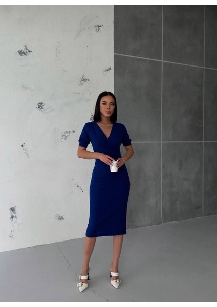 Kruvaze Yaka Kısa Kol Kalem Elbise Lacivert 582868