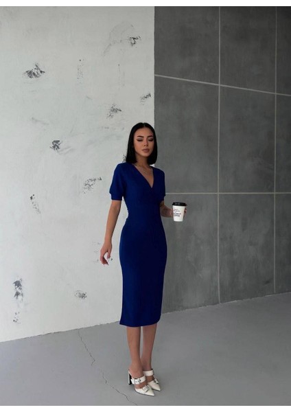 Kruvaze Yaka Kısa Kol Kalem Elbise Lacivert 582868 fiyatları