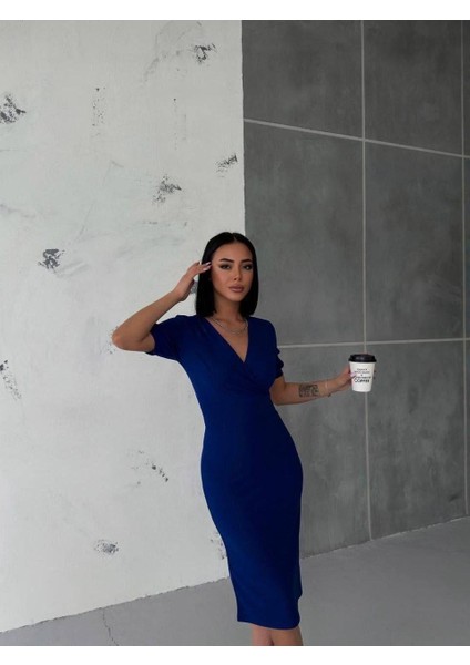 Kruvaze Yaka Kısa Kol Kalem Elbise Lacivert 582868 fırsatları