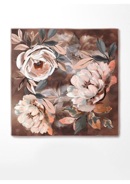 Kahve Çiçek Desenli Twill Ipek Eşarp