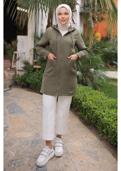 Haki Kapitone Fermuarlı Cepli Kap