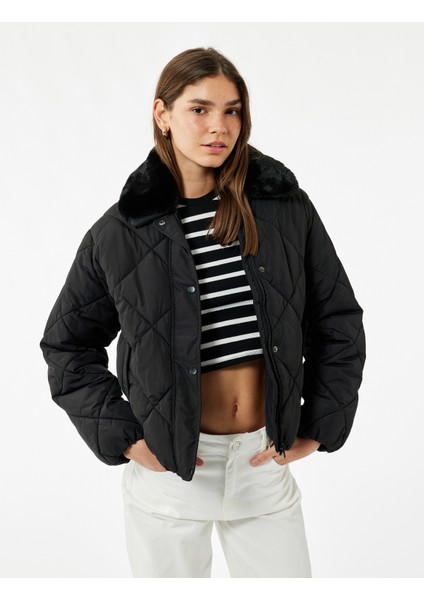 Suni Kürk Yakalı Uzun Kollu Fermuarlı Cepli Kapitone Ceket