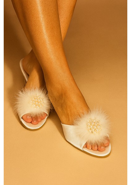 Kadın Giyim Tüy & Inci Detaylı Çeyizlik - Hediyelik Topuklu Ev Terliği LL.GC125.001