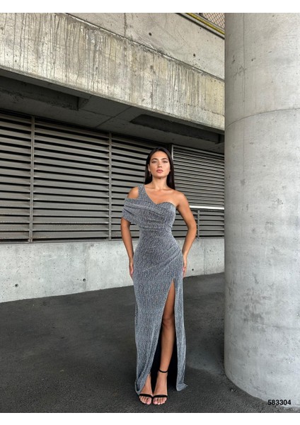 Tek Omuz Yırtmaçlı Taşlı Flowers Elbise Gri 583304