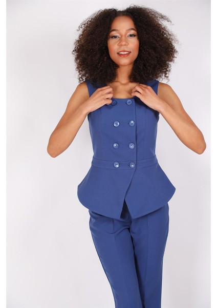 Oval Yaka Kuruvaze Yelek-Indigo modelleri