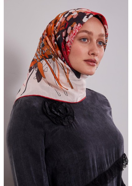 Kırmızı Karışık Çiçek Desen Pamuk Eşarp