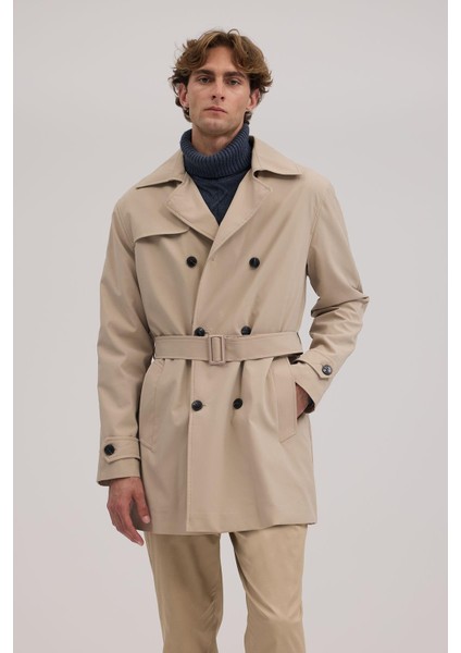 Bej Comfort Fit Kruvaze Kemerli Trençkot