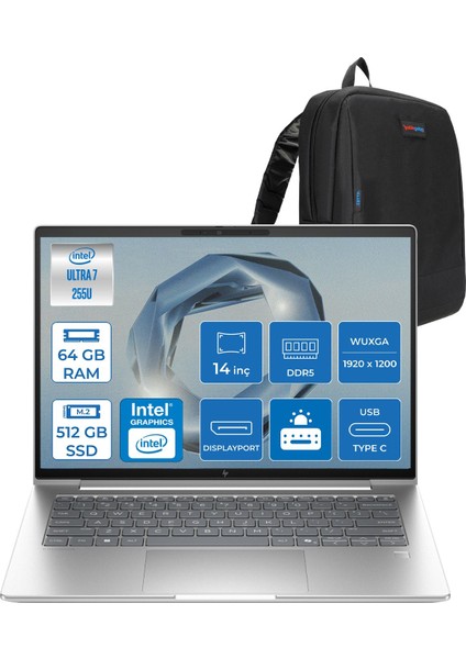 Elitebook 6 G1I Intel® Core Ultra 7 255U 64GB Ddr5 512GB SSD 14" Wuxga (1920 x 1200), IPS 400 Nits Freedos Taşınabilir Bilgisayar C9XW2ETF17+ZETTAÇANTA