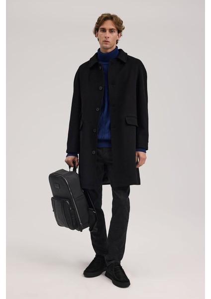 Siyah Comfort Fit Bebe Yaka Yünlü Kaban