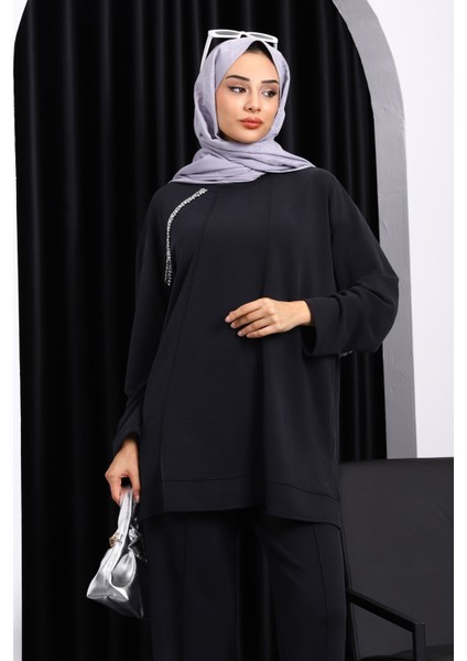 Siyah Taş Detaylı Tunik Pantolonlu Modal Takım modelleri