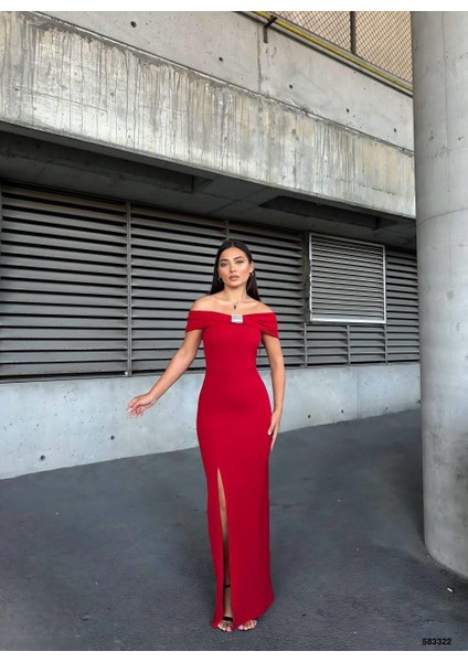 Esnek Krep Kumaş Fiyonk Yaka Ön Taş Detaylı Abiye Elbise Kırmızı 583322