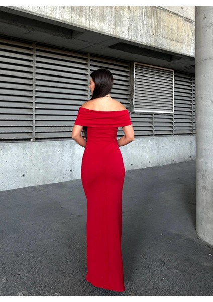 Esnek Krep Kumaş Fiyonk Yaka Ön Taş Detaylı Abiye Elbise Kırmızı 583322 modelleri