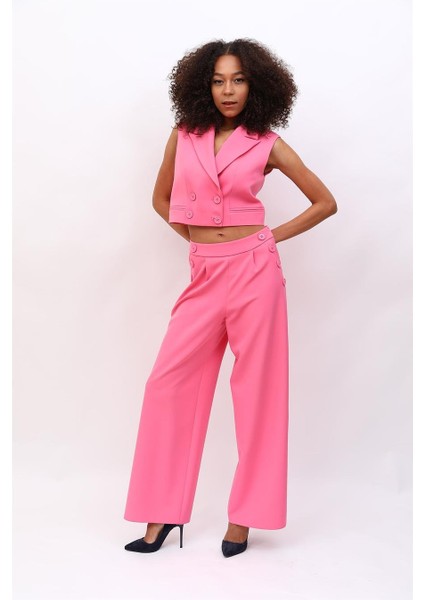 Crop Yelek & Düğmeli Bol Paça Pantolon Takım-Pembe modelleri