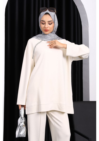 Ekru Taş Detaylı Tunik Pantolonlu Modal Takım modelleri