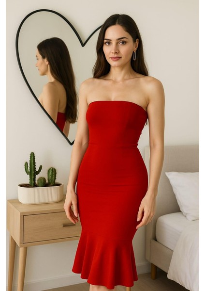 Kadın Fırfır Detay Jarse Straplez Kesim Midi Elbise 583224 Kırmızı