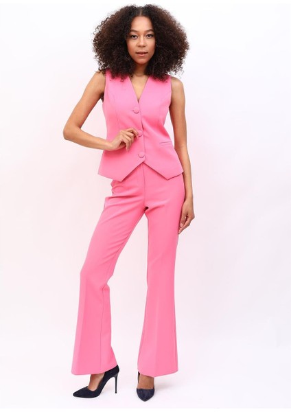 Klasik Yelek & Ispanyol Paça Pantolon Takım-Pembe