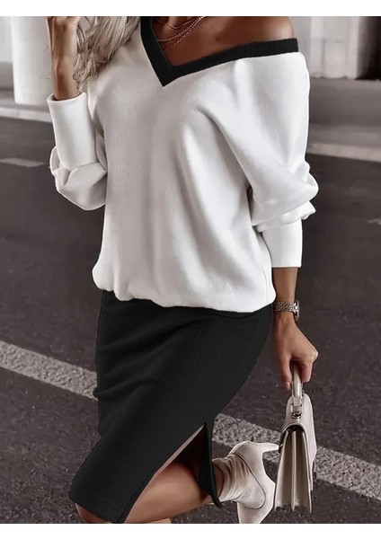 Kadın Uzun Kollu V Yakalı Viskon Iki Iplik Bluz ve Mini Etek Ikili Takım