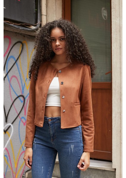 Kadın Esnek Süet Kumaş Sıfır Yaka Flato Cepli Uzun Kol Blazer Ceket-Taba modelleri