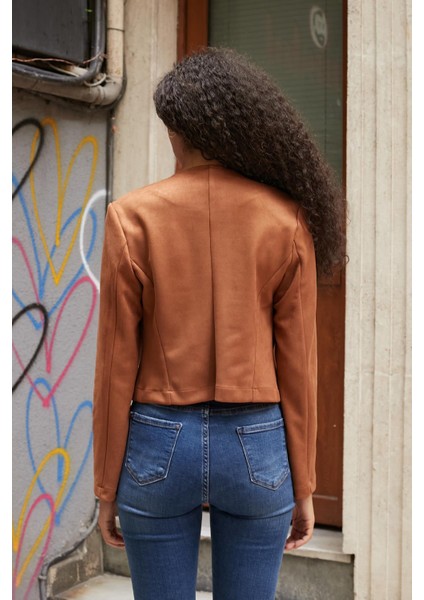 Kadın Esnek Süet Kumaş Sıfır Yaka Flato Cepli Uzun Kol Blazer Ceket-Taba fırsatları