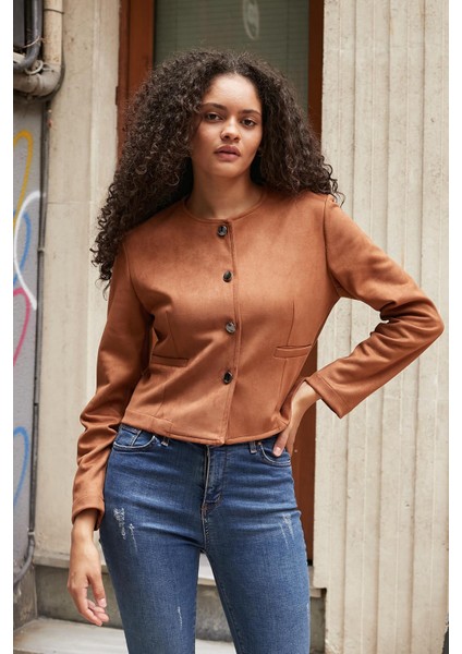 Kadın Esnek Süet Kumaş Sıfır Yaka Flato Cepli Uzun Kol Blazer Ceket-Taba indirimleri