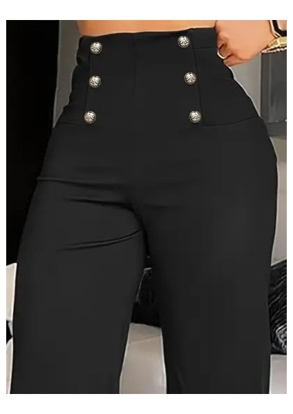 Kadın Yüksek Bel Önden Düğmeli Uzun Paçaya Doğru Geniş Ithal Krep Pantolon modelleri