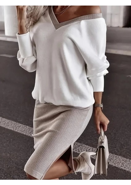 Kadın Uzun Kollu V Yakalı Viskon Iki Iplik Bluz ve Mini Etek Ikili Takım modelleri