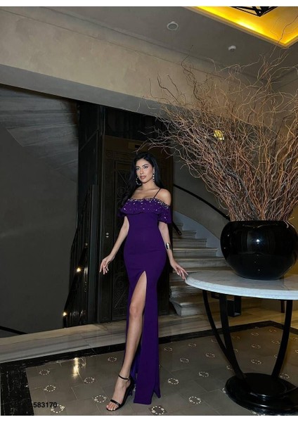 Askılı Taşlı Yırtmaçlı Uzun Abiye Elbise Mor 583170 fiyatları