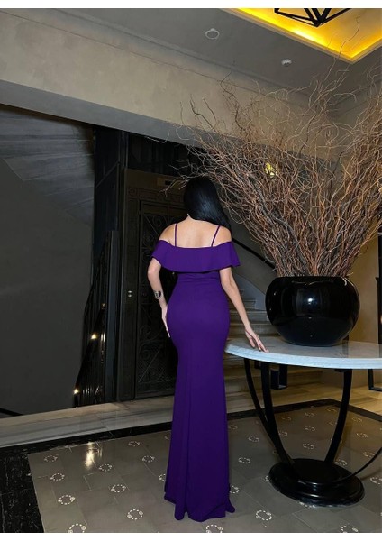 Askılı Taşlı Yırtmaçlı Uzun Abiye Elbise Mor 583170 modelleri