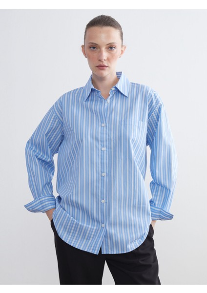 Yeni Sezon Çizgili Oversize Poplin Kadın Gömlek