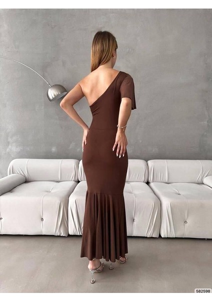 Sandy Esnek Kumaş Tek Omuz Büzgü Detay Abiye Elbise 582598 Kahve fırsatları