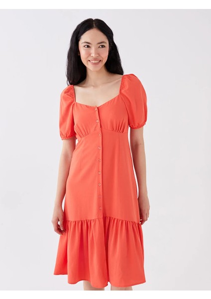 Lcw Vision Mercan Kalp Yaka Düz Kısa Kollu Elbise