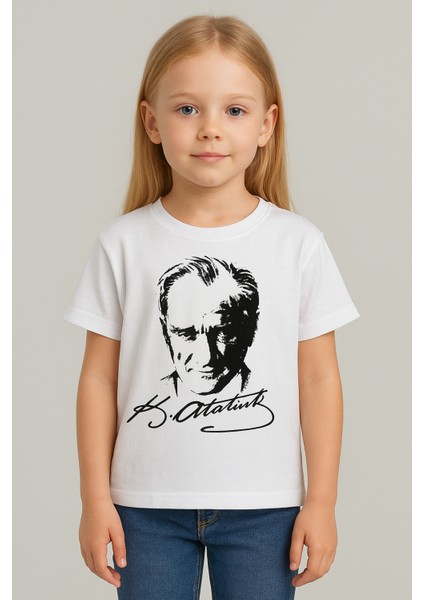 Atatürk Baskılı Unisex Çocuk Beyaz Tişört | %100 Pamuk | Bisiklet Yaka