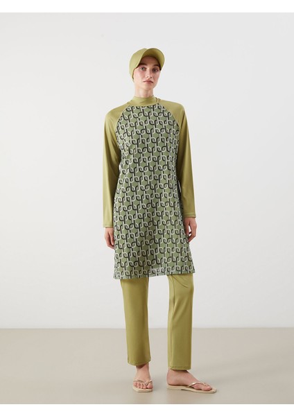 Yeni Sezon Dik Yaka Desenli Kadın Tesettür Mayo Takımı