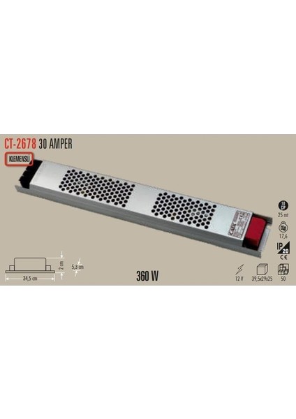 30 Amper 12V Ultra Slim Şerit LED Trafosu CT-2678