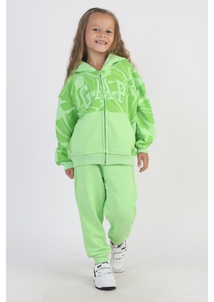 Çiçek Desenli Kapüşonlu 2’li Eşofman Takımı - Yeşil