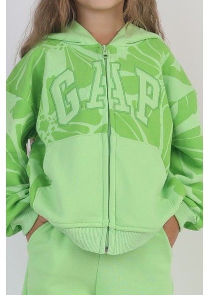 Çiçek Desenli Kapüşonlu 2’li Eşofman Takımı - Yeşil modelleri