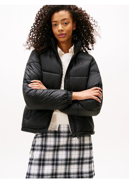 Tommy Hılfıger Kadın Marka Logolu Çift Cep Regular Fit Yumuşak Dokulu Dik Yaka Siyah Mont DW0DW21619 Bds